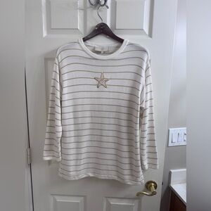 Vintage  St John Sport Striped White and Tan Long Sleeve Sweater Top Size S
